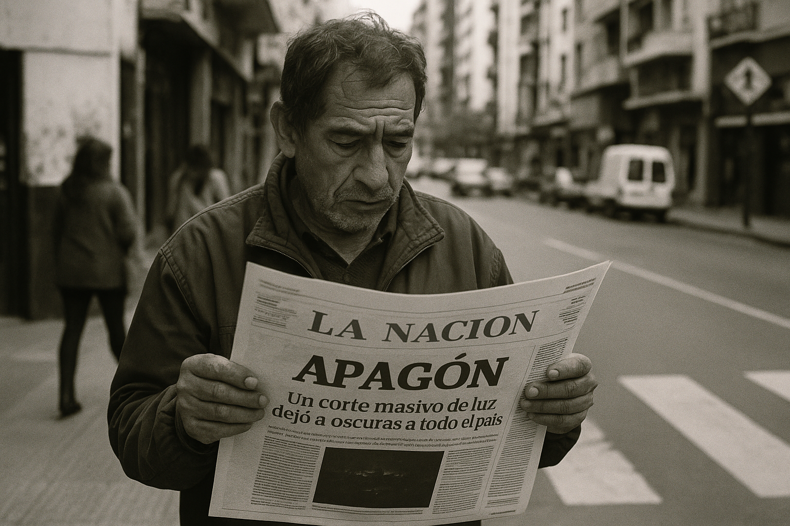 Un hombre lee un diario en una calle de Buenos Aires