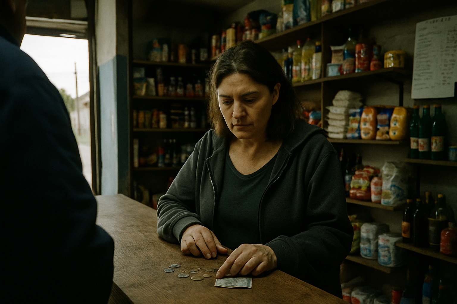Mujer cuenta billetes de pesos en mostrador de almacén de barrio porteño