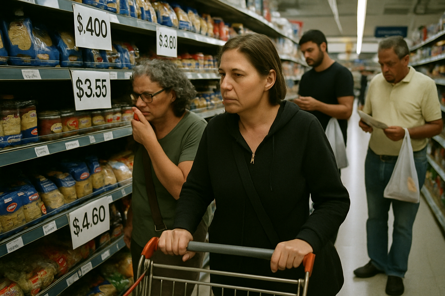 Clientes en supermercado observando precios en dólares