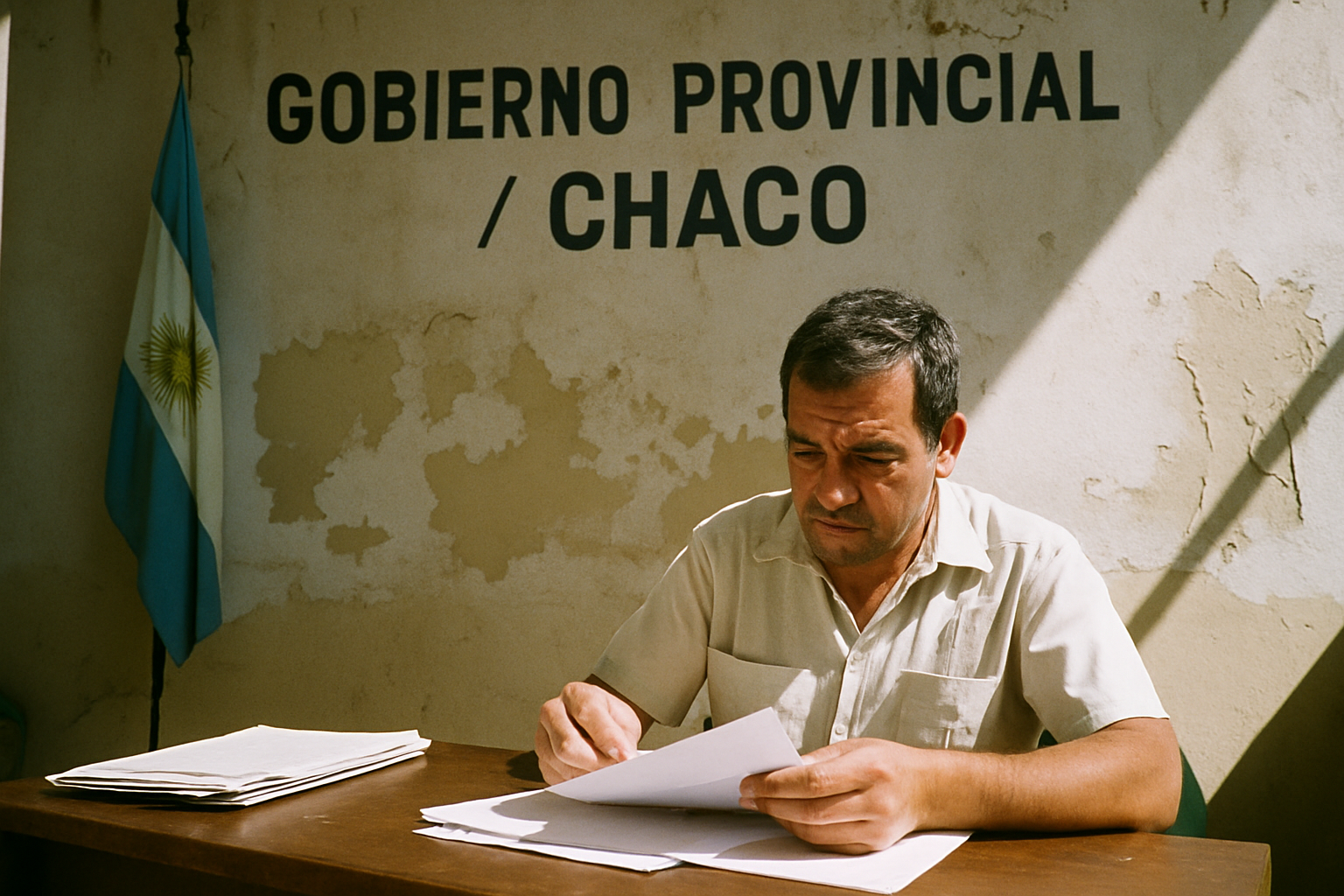 Oficina pública en Chaco con bandera argentina y empleado revisando papeles bajo luz de mediodía.