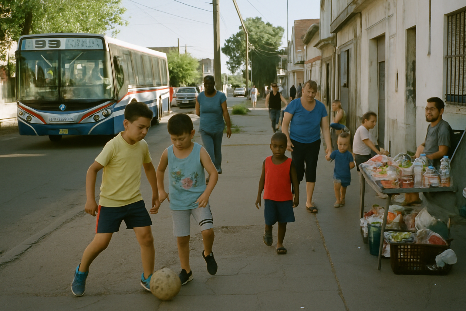 Barrio argentino con familias, niños jugando y un colectivo en movimiento.