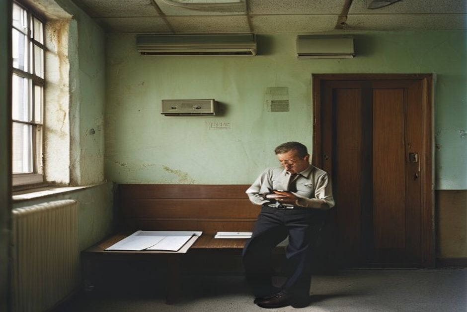 Hombre con carpeta espera en sala de gobierno provincial del nordeste argentino