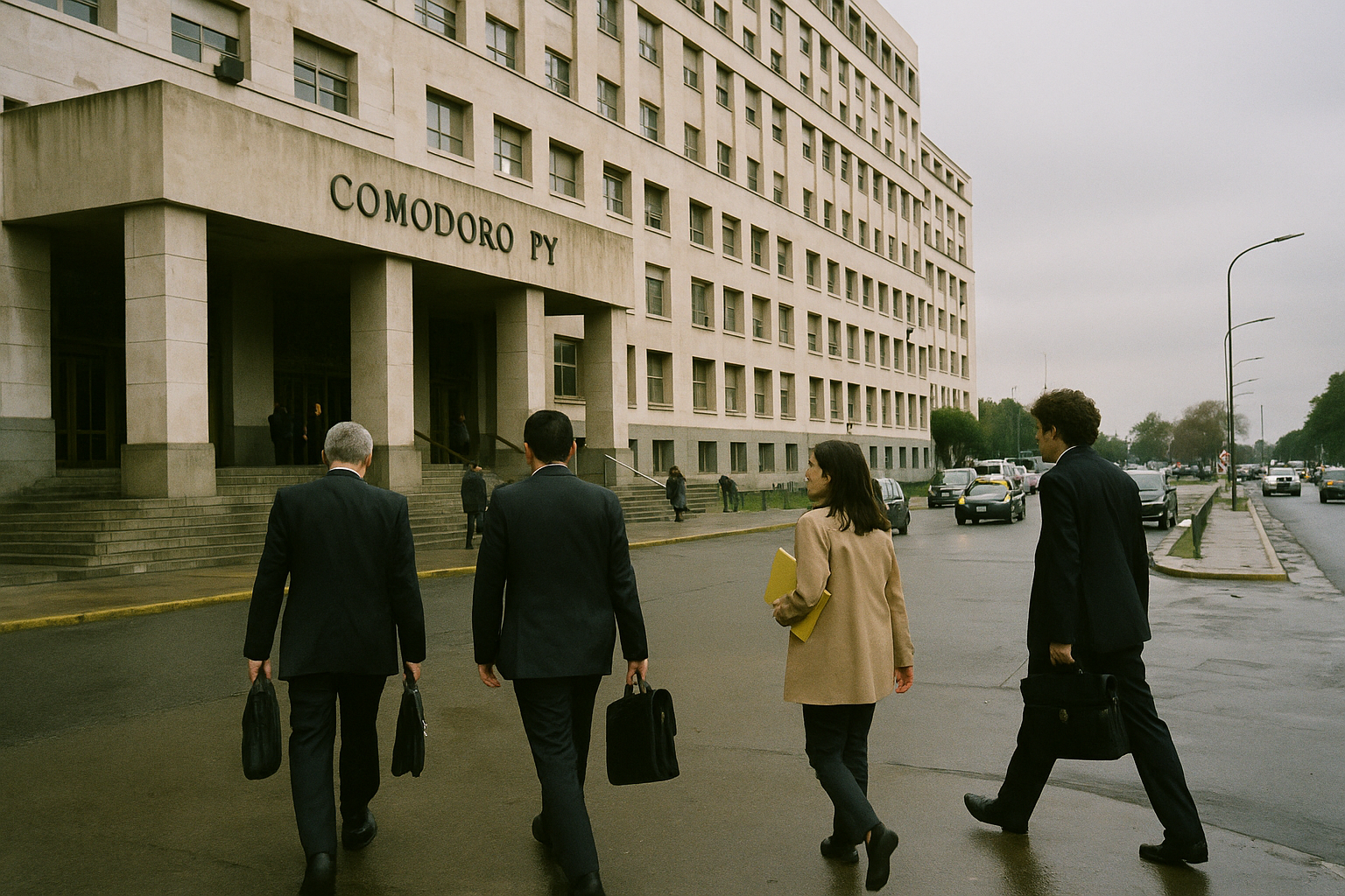Fachada de los tribunales de Comodoro Py con abogados entrando en una mañana gris