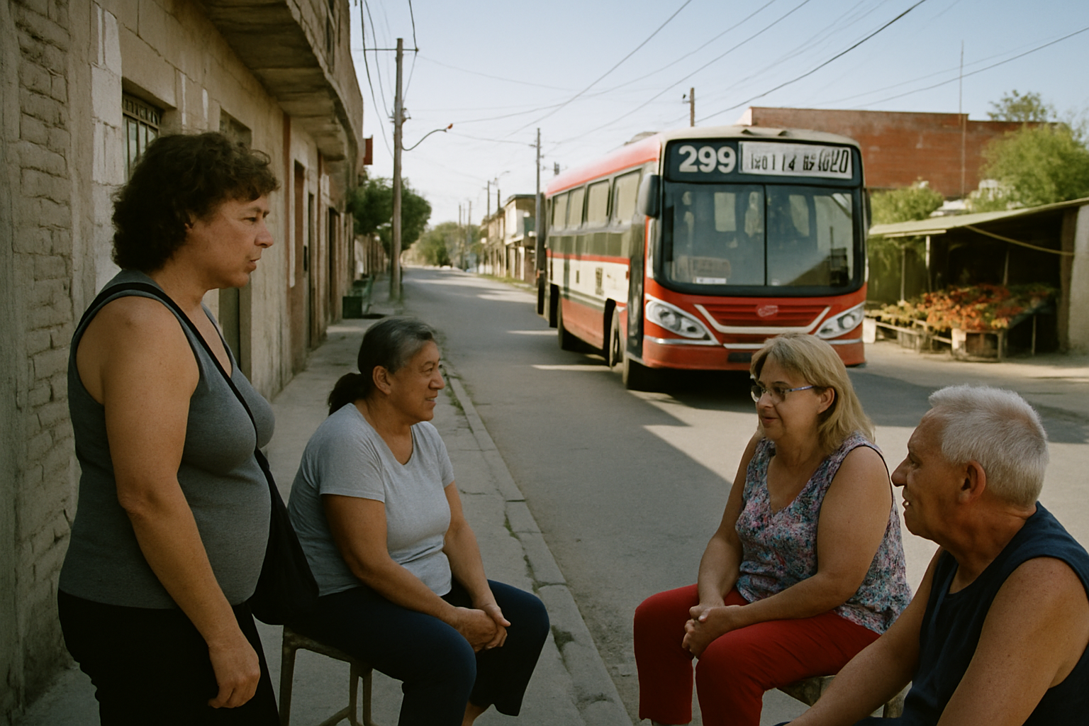 Vecinos conversan en una vereda de un barrio argentino, con un colectivo y un puesto de frutas.