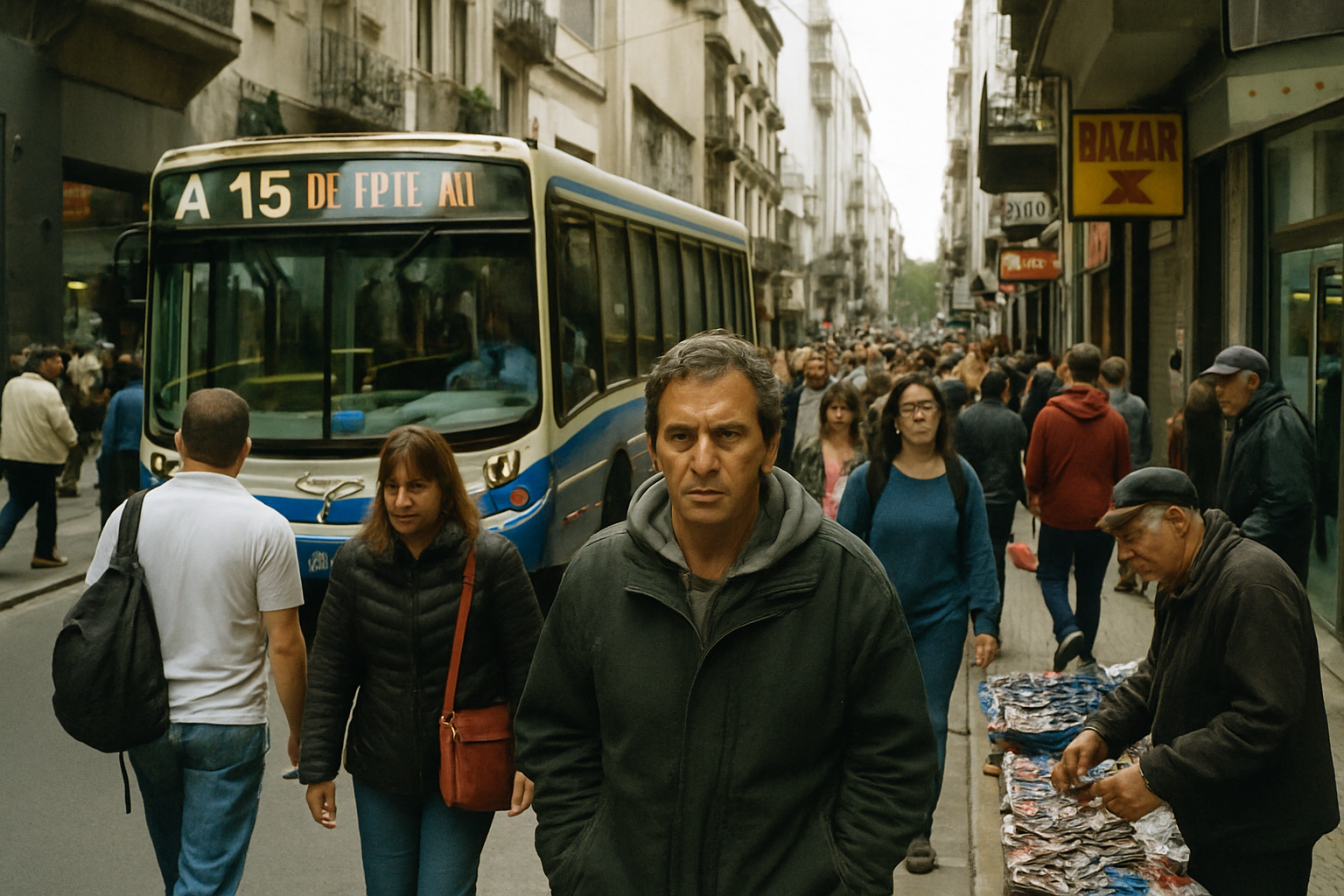 Personas caminando por una calle de Buenos Aires con un colectivo y vendedores ambulantes.