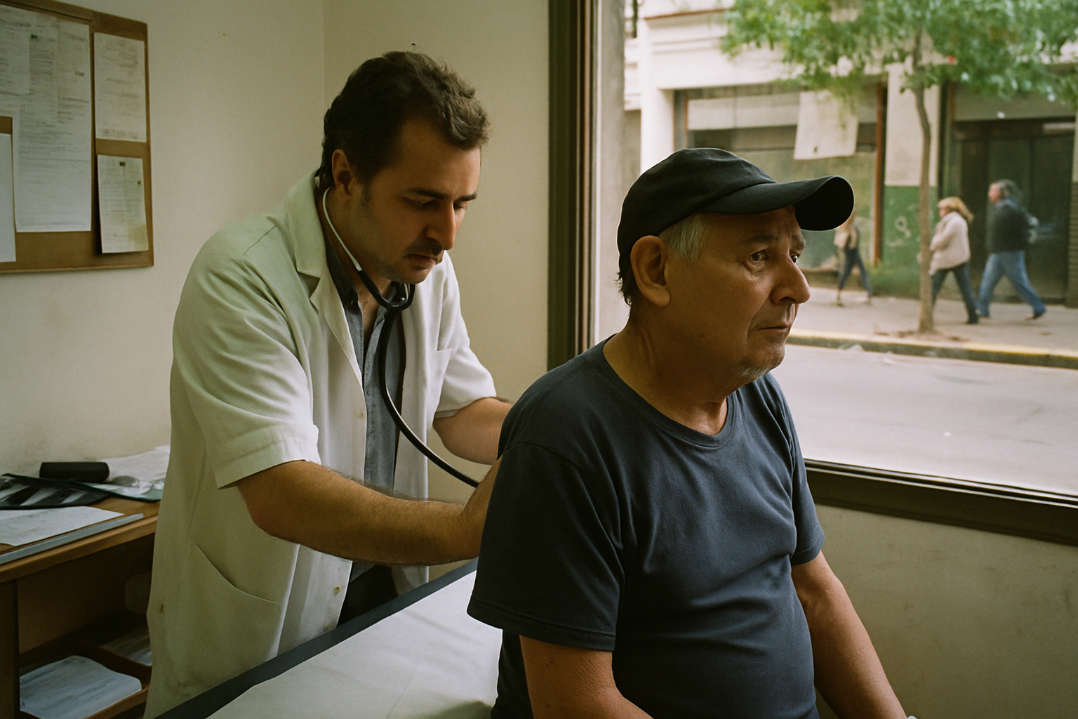 Un médico examina a un paciente en un consultorio