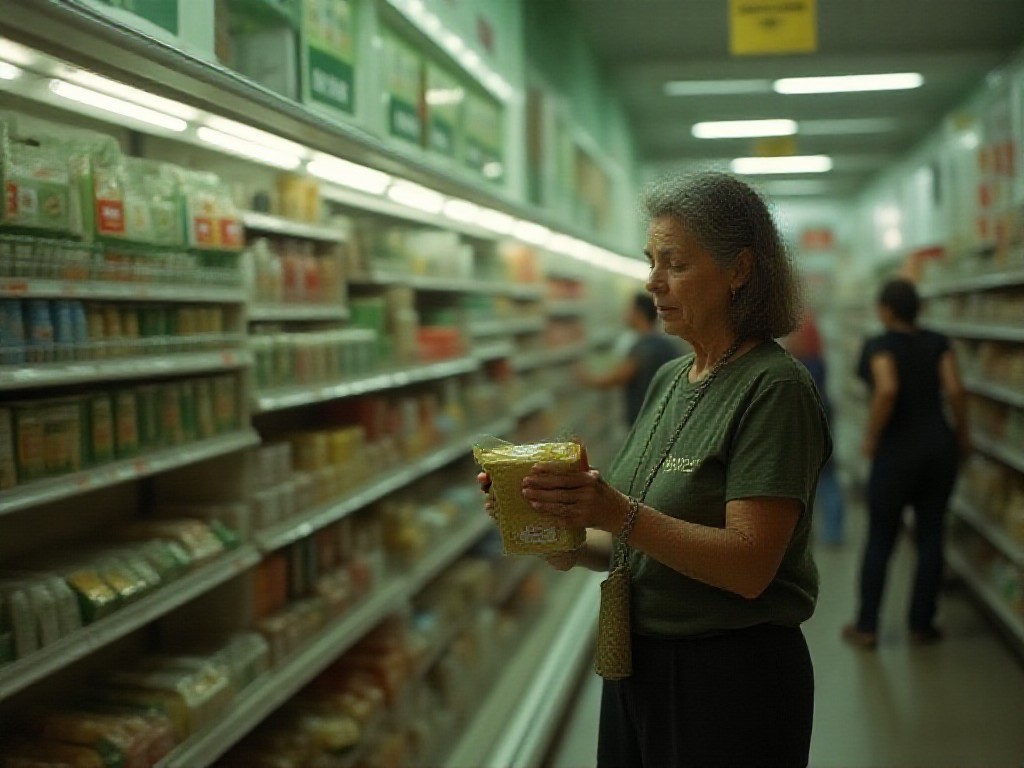 Mujer compara precios de yerba mate en góndola de supermercado de barrio porteño