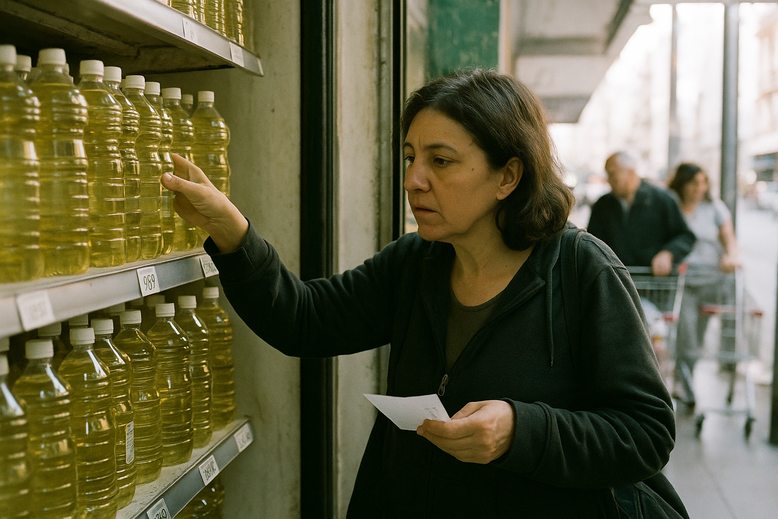 Una mujer compara precios de aceite en la góndola de un supermercado de barrio porteño