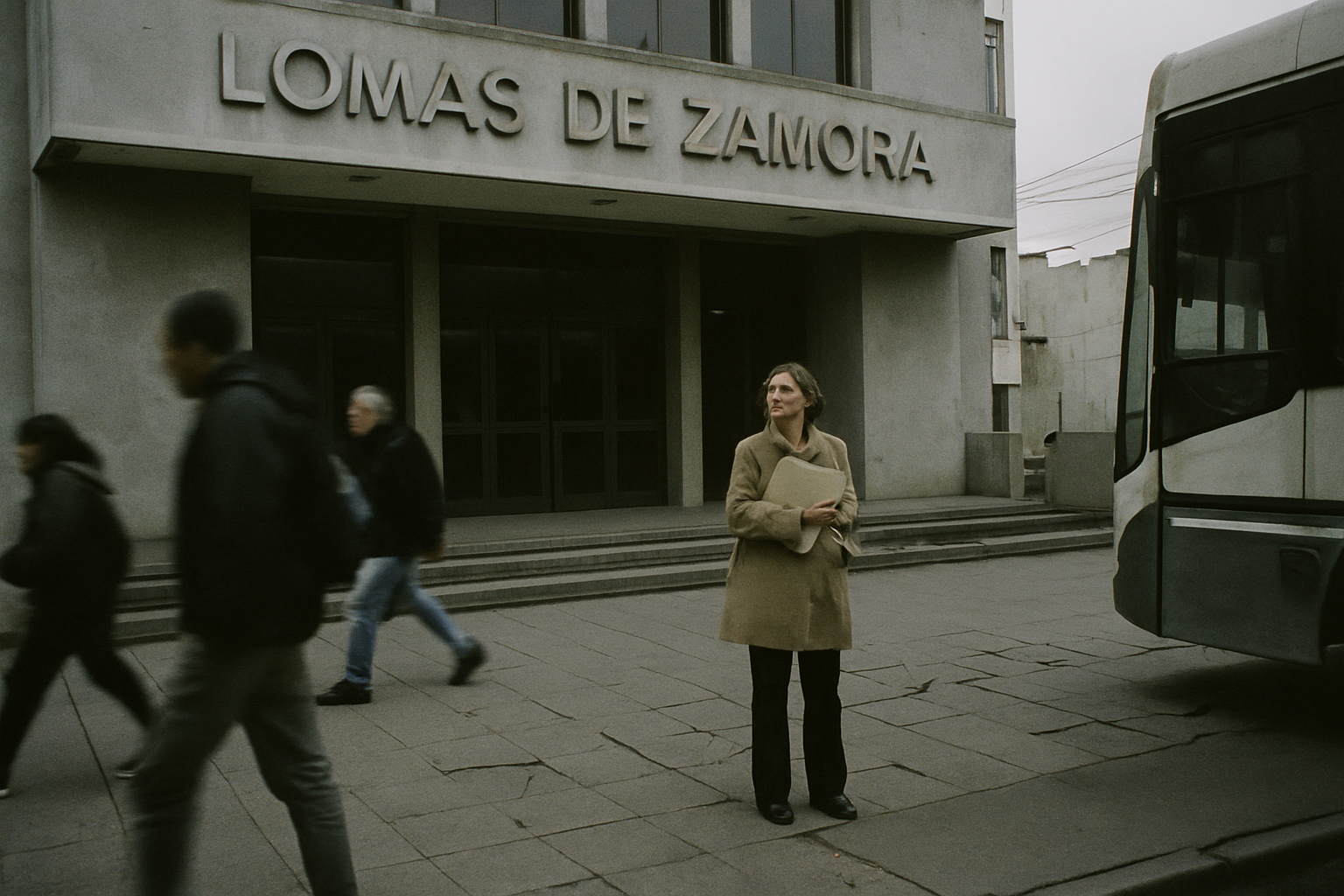Empleados salen de un edificio público bonaerense mientras un guardia controla ingresos en la entrada.