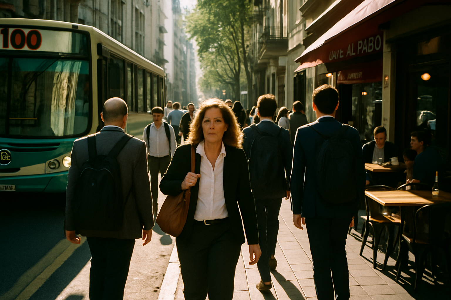 Calle de Buenos Aires con personas caminando y un colectivo en movimiento.