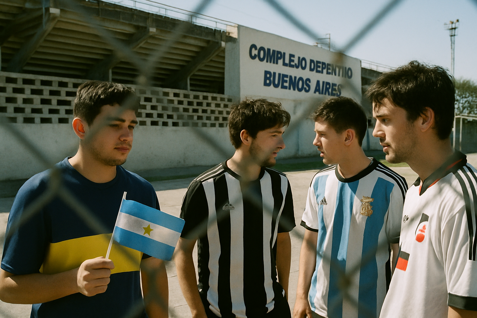 Jóvenes con camisetas deportivas sostienen bandera argentina frente a polideportivo municipal porteño.