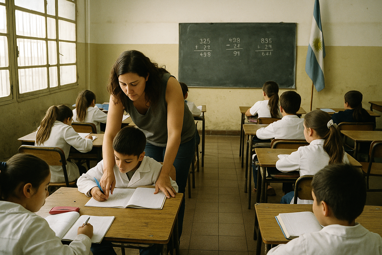 Maestra ayuda a una alumna con un ejercicio de matemática en un aula de escuela pública argentina.
