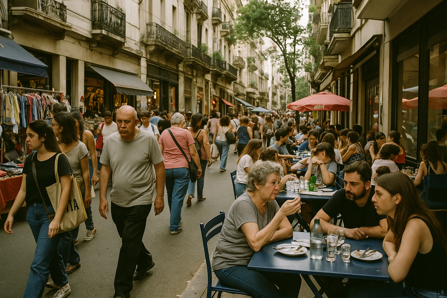 Gente comprando y comiendo en una calle de Buenos Aires