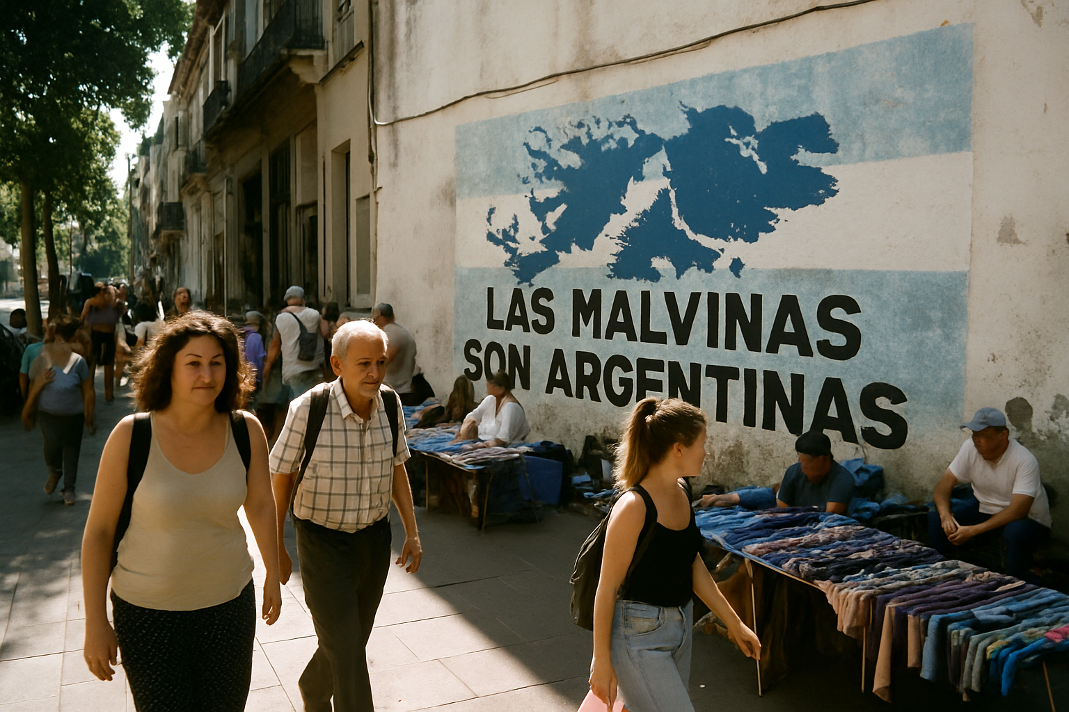 Calle de Buenos Aires con un mural sobre Malvinas y gente caminando.