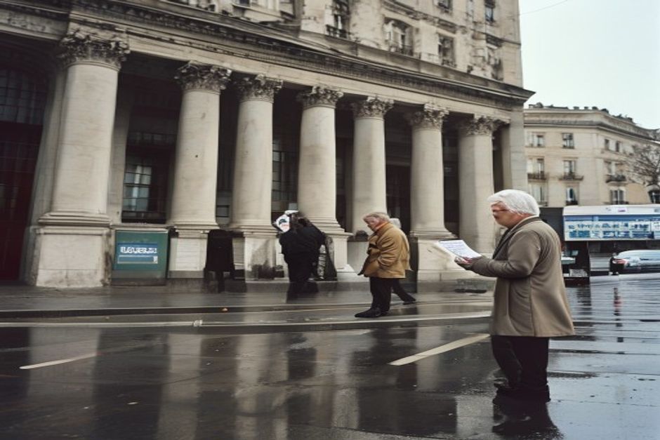 Hombre en traje lee el diario en el hall de la Bolsa de Comercio de Buenos Aires