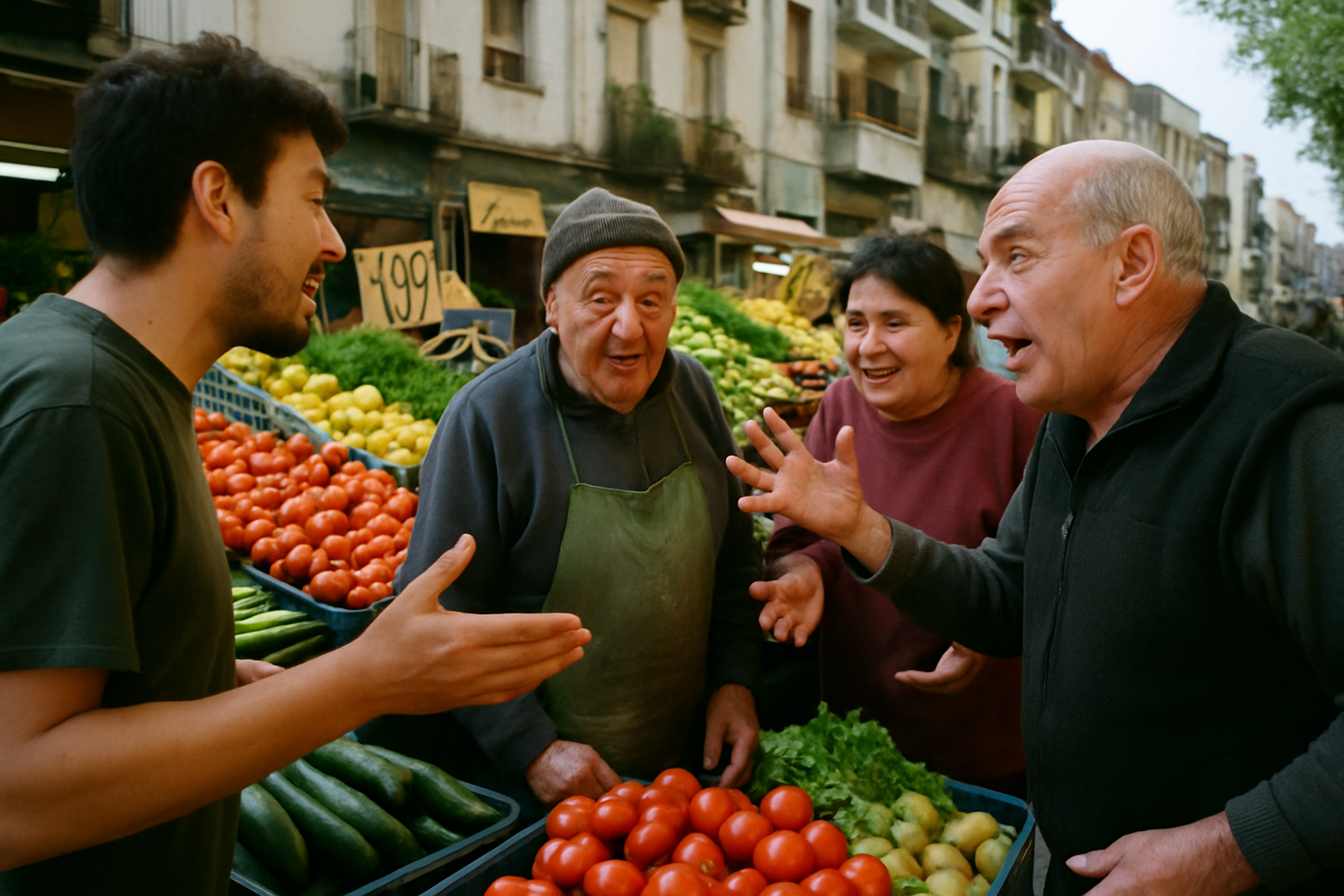 Comerciantes en un mercado de Buenos Aires conversan mientras venden productos.