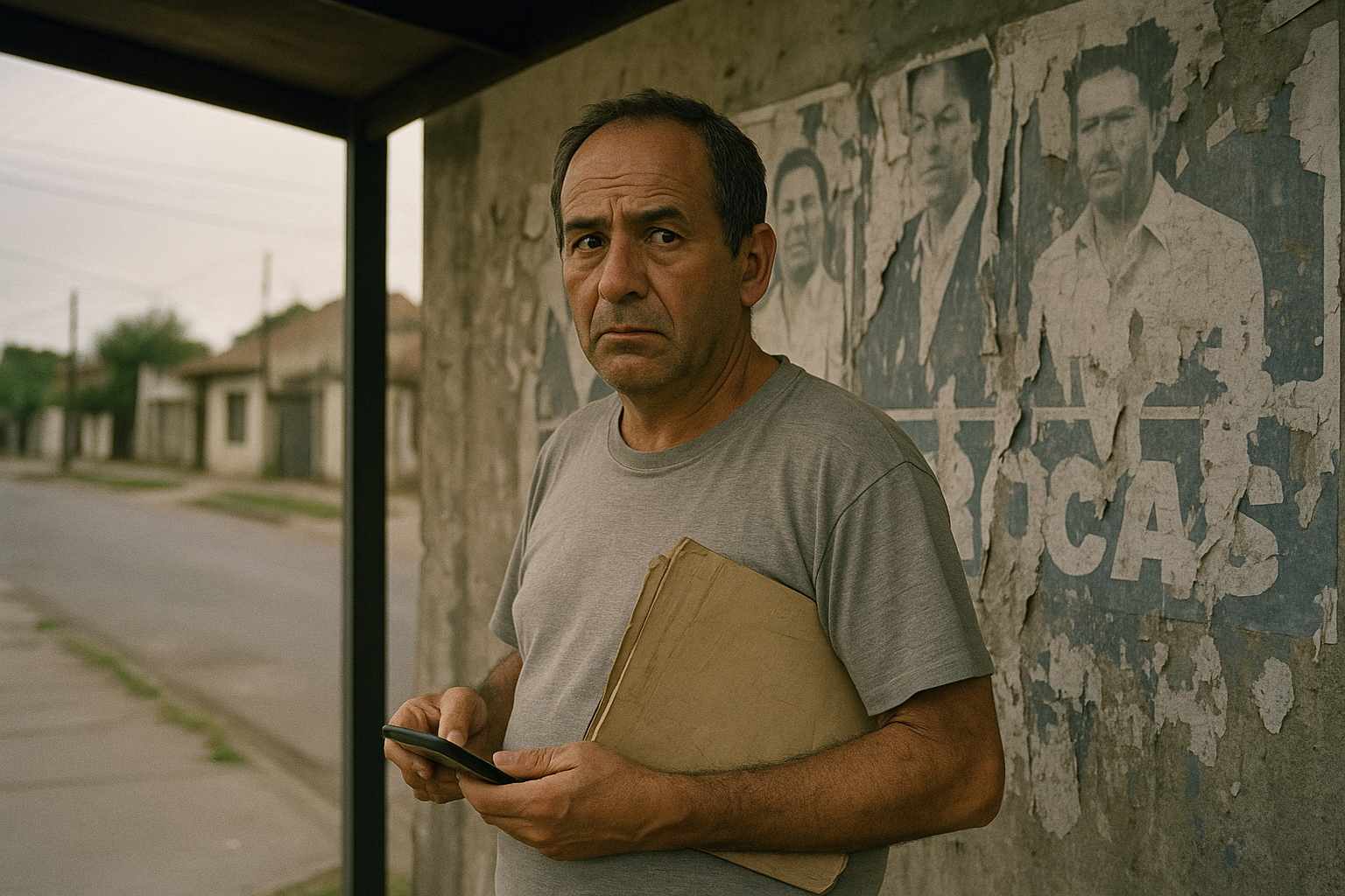 Un hombre espera un colectivo en una parada del conurbano bonaerense con carteles políticos viejos detrás.