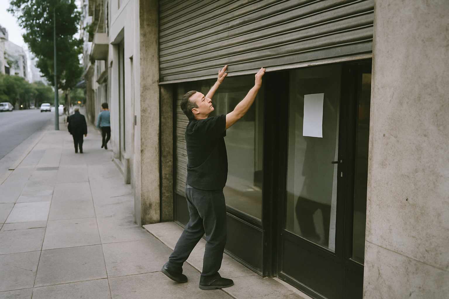 Dueño de comercio bajando la persiana metálica en una calle vacía de Buenos Aires.