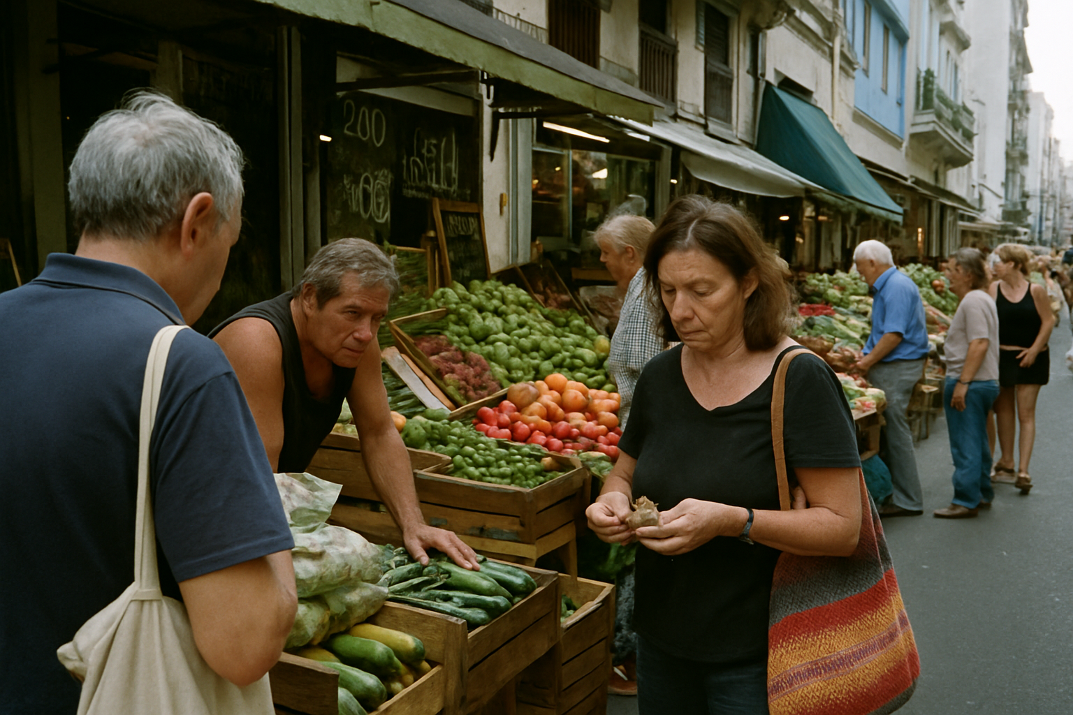 Comerciantes y compradores en un mercado de Buenos Aires durante una jornada normal.