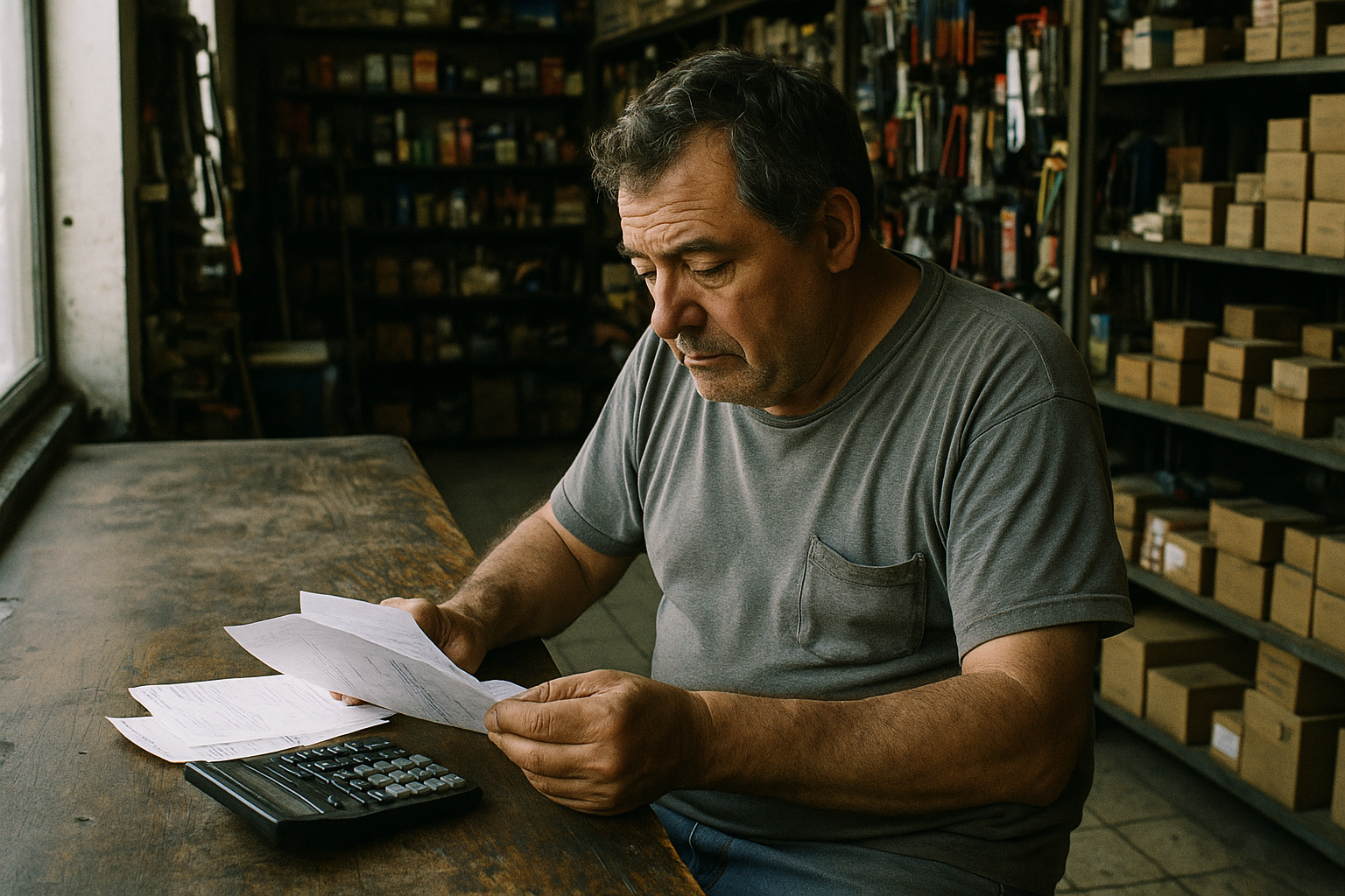 Comerciante revisa facturas y usa calculadora sobre el mostrador de una ferretería de barrio